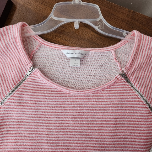 Christopher&Banks, Large, Womens Zippered, Coral/Pink Striped Top - Picture 3 of 7